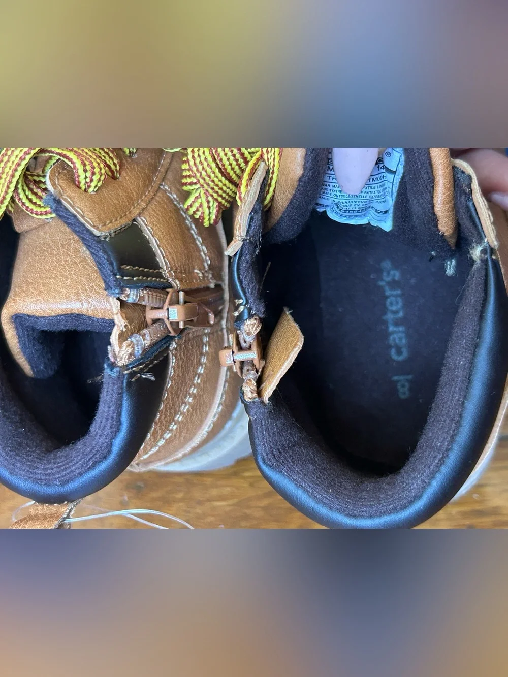 Carter's Tan/Brown Toddler Lace-Up Boots with Yellow-Striped Laces